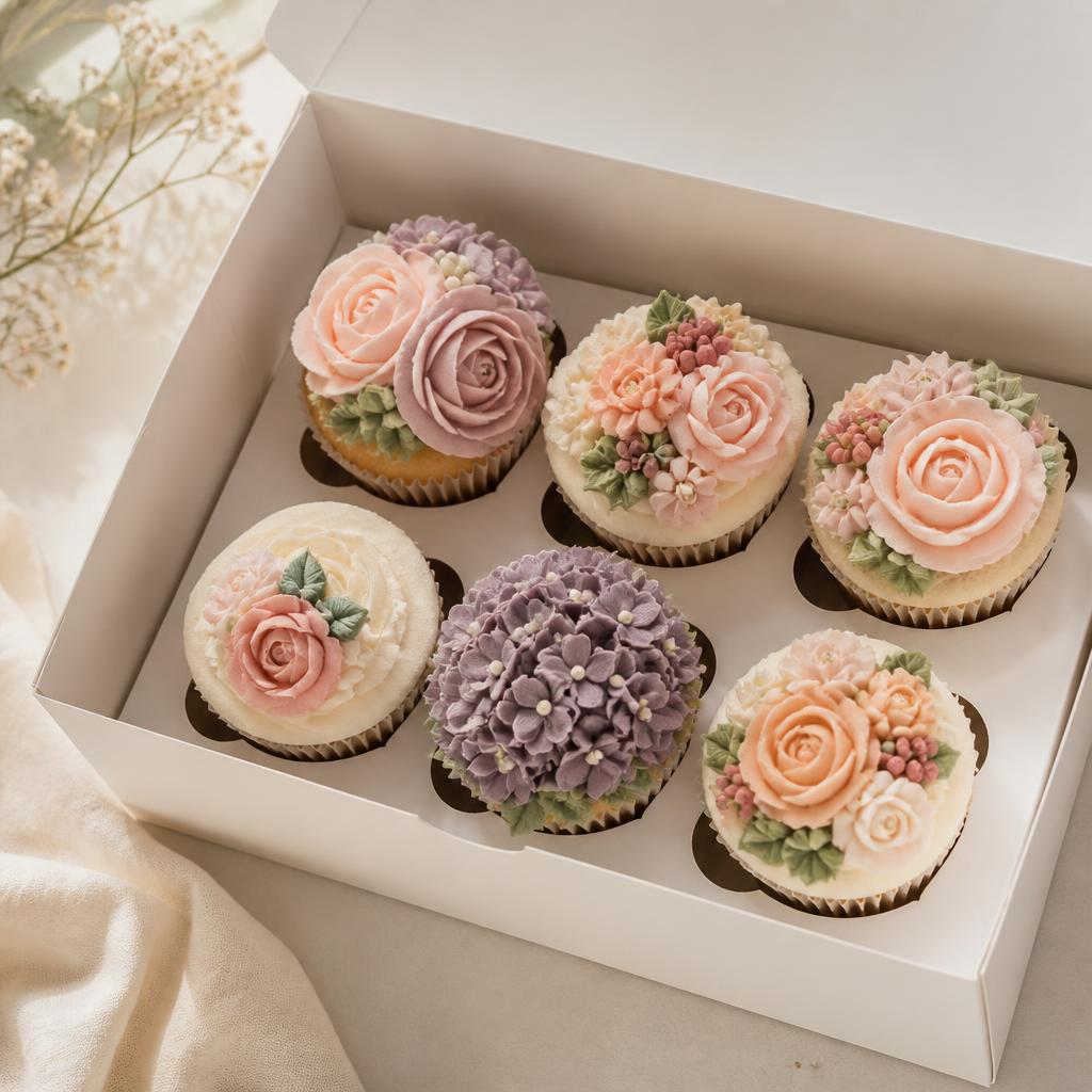 Caja de cupcakes decorados con flores de buttercream en tonos pastel