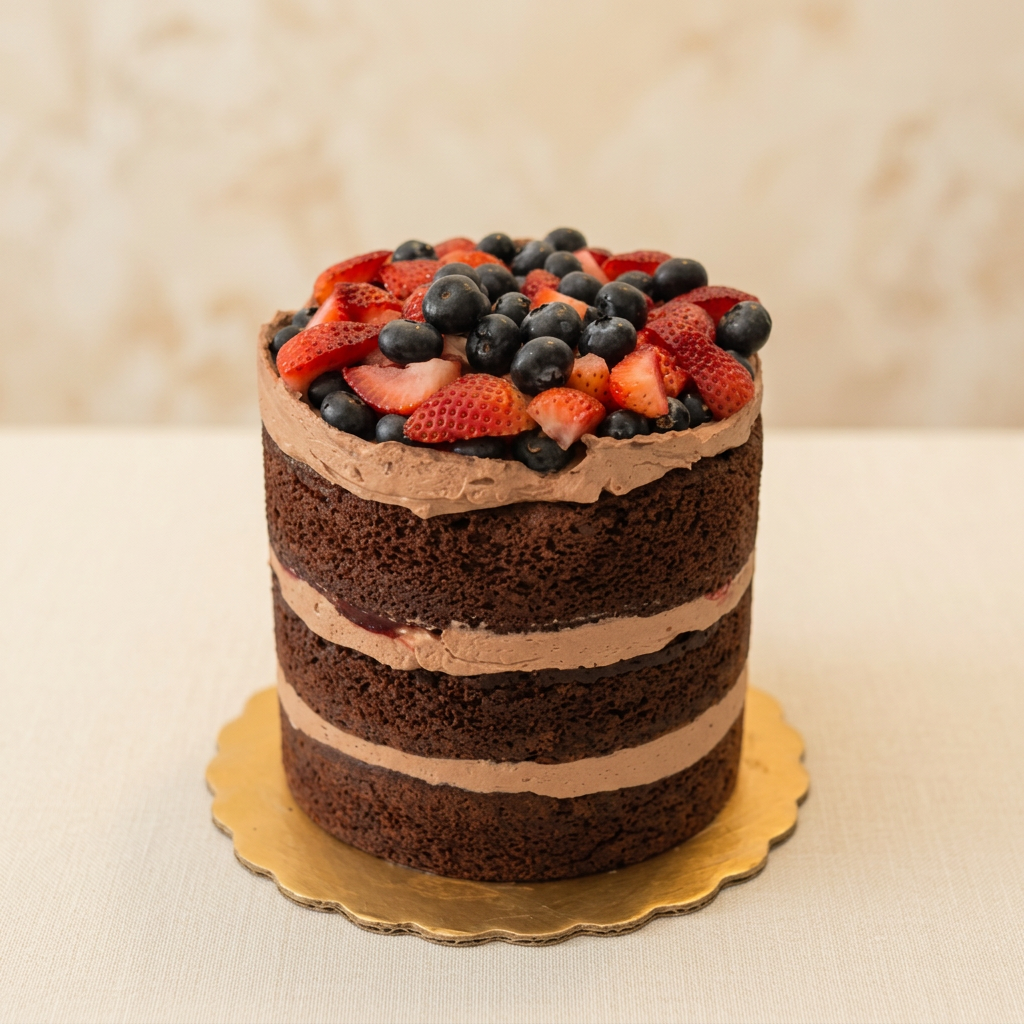 Pastel de chocolate desnudo con fresas, arándanos y betún de chocolate