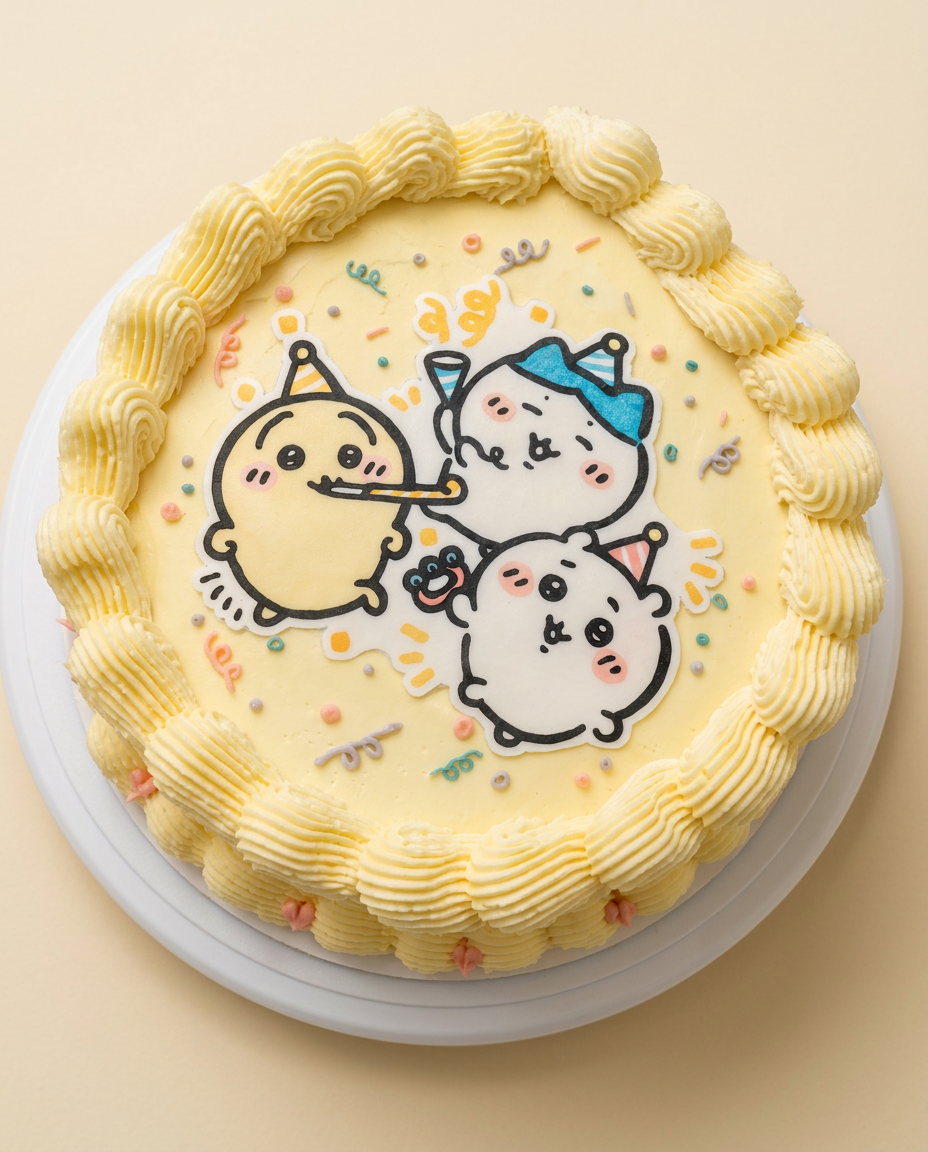 Pastel de cumpleaños amarillo con personajes kawaii y confeti