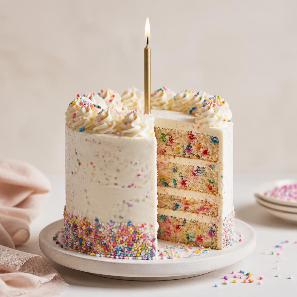 Pastel funfetti de cumpleaños con sprinkles de colores y vela