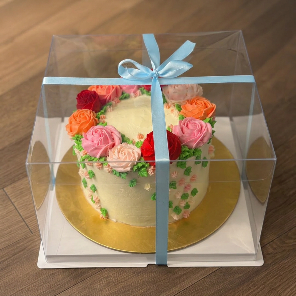 Pastel redondo decorado con rosas de buttercream en caja transparente con listón azul